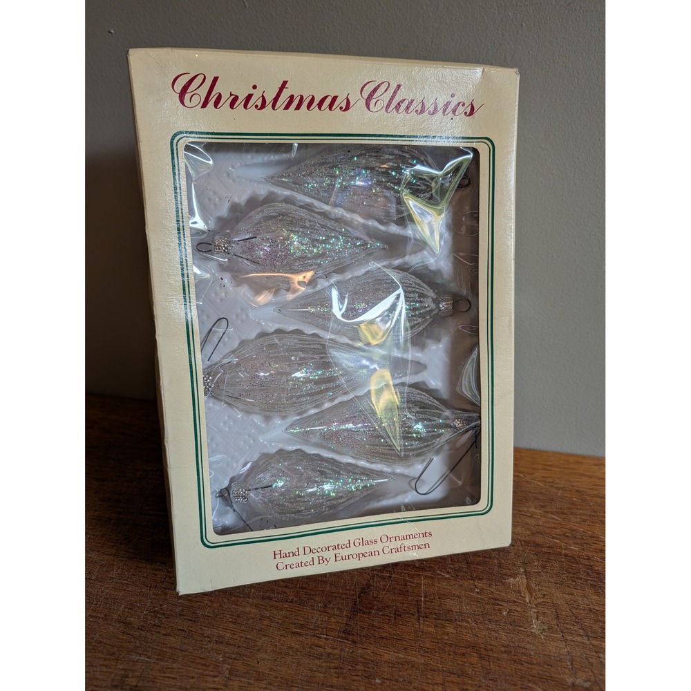 Christmas Classics European Glass Ornaments Set of 6 Iridescent Glitter Teardrop